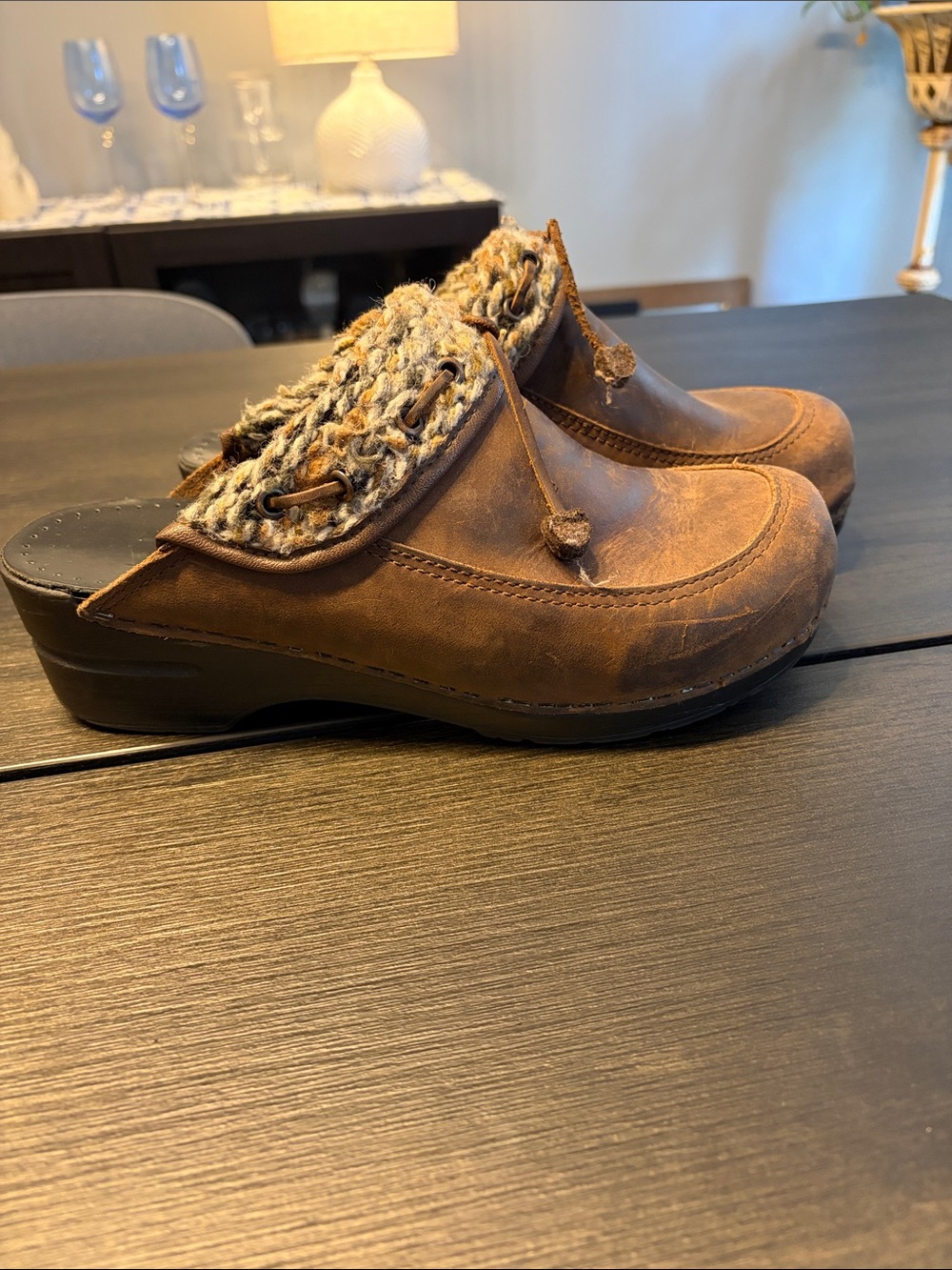 Dansko Kenzie Brown Leather Sweater Knit Collar Clogs Mules Size 40 US 9.5-10